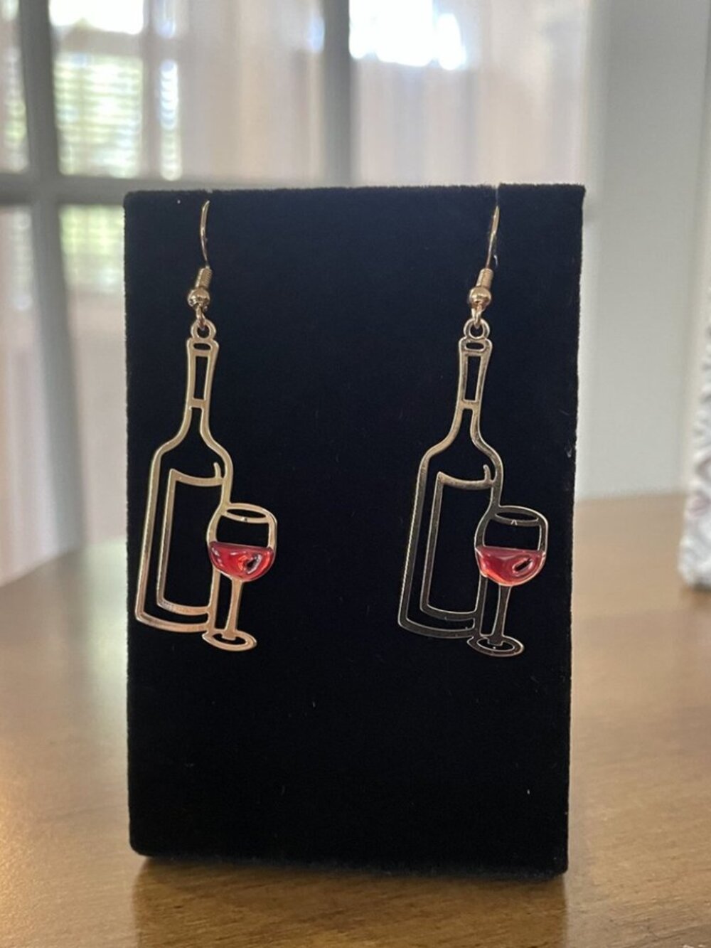Gold Red Wine Bottle & Glass Drop Dangle Earrings | Novelty Jewelry Party Drink